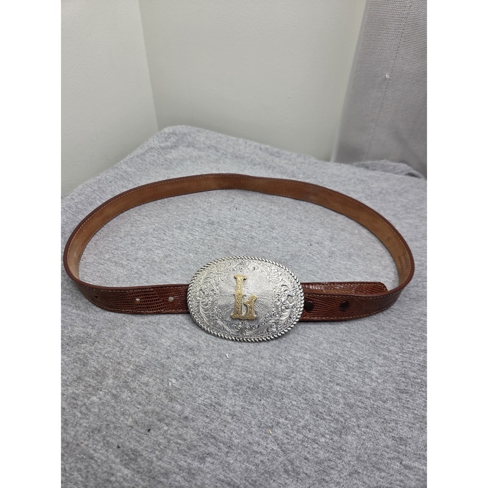 Vintage Crumrine El Arturo Initial L Buckle Lizard Leather Belt Women's Sz 32